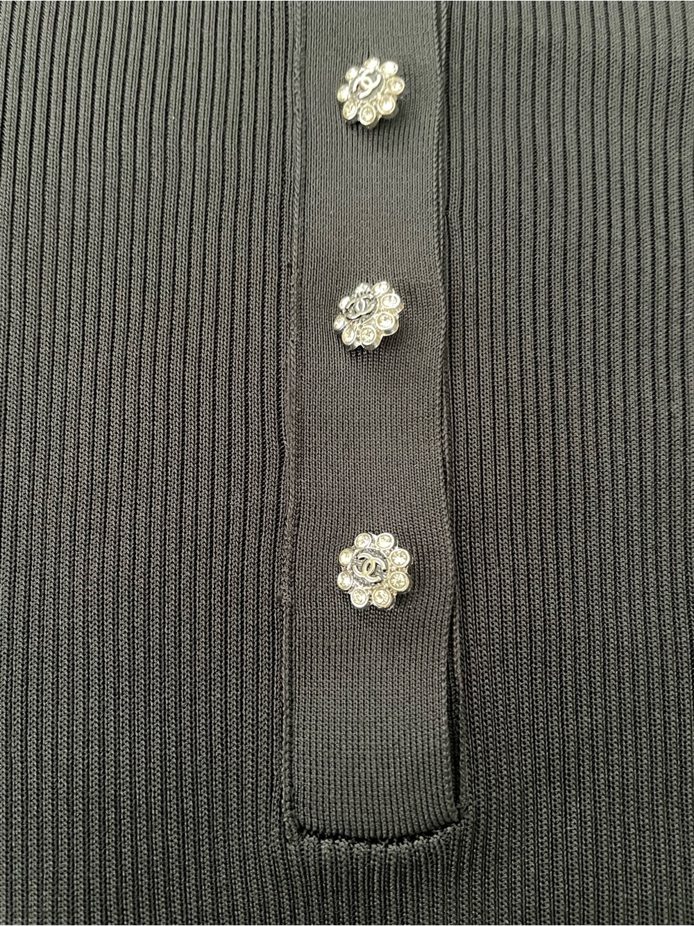 CHANEL Black Ribbed Short-Sleeve Henley with Decorative Crystal Buttons - Picture 2 of 5